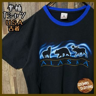 アニマル 動物 シカ プリント メンズ ブラック L USA古着 半袖 Tシャツ