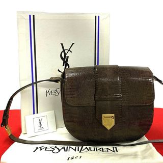 極 美品 箱 袋付き YVES SAINT LAURENT イヴ サンローラン YSL ロゴ 金具 リザード レザー 本革 ショルダーバッグ ブラウン 15945